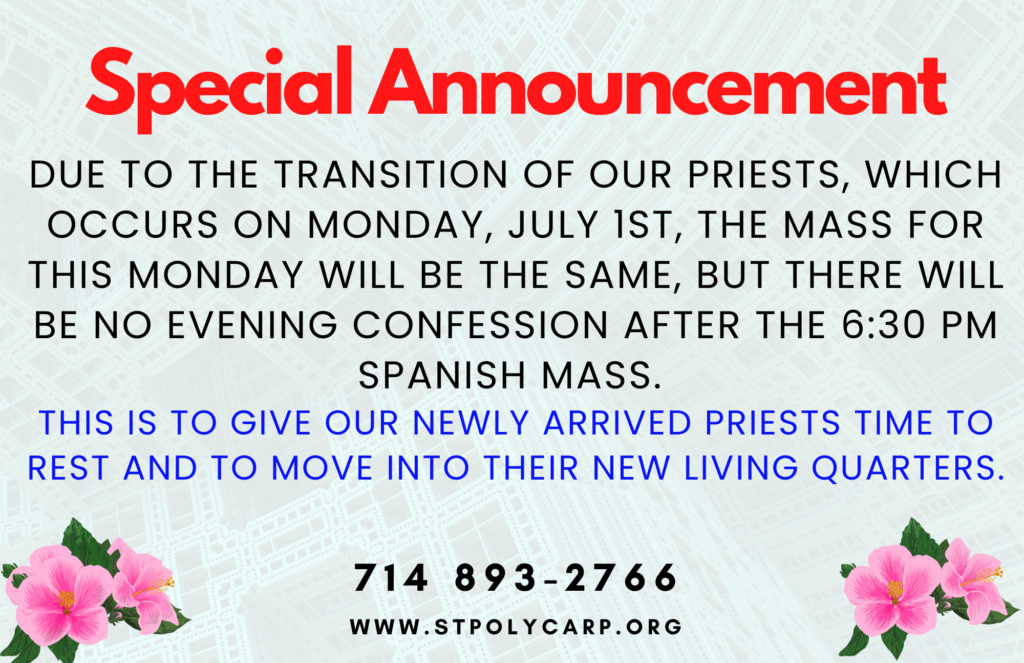 Special Announcement Saint Polycarp Catholic Church