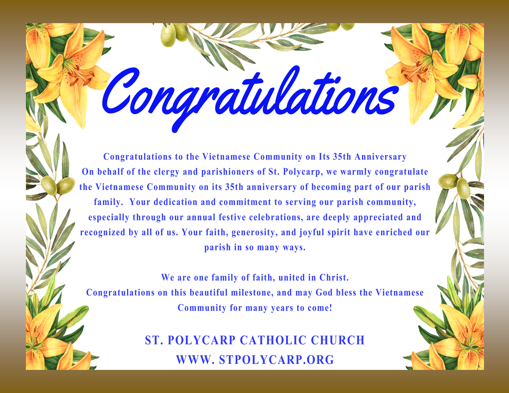 Congratulations to the Vietnamese Community on Its 35th Anniversary