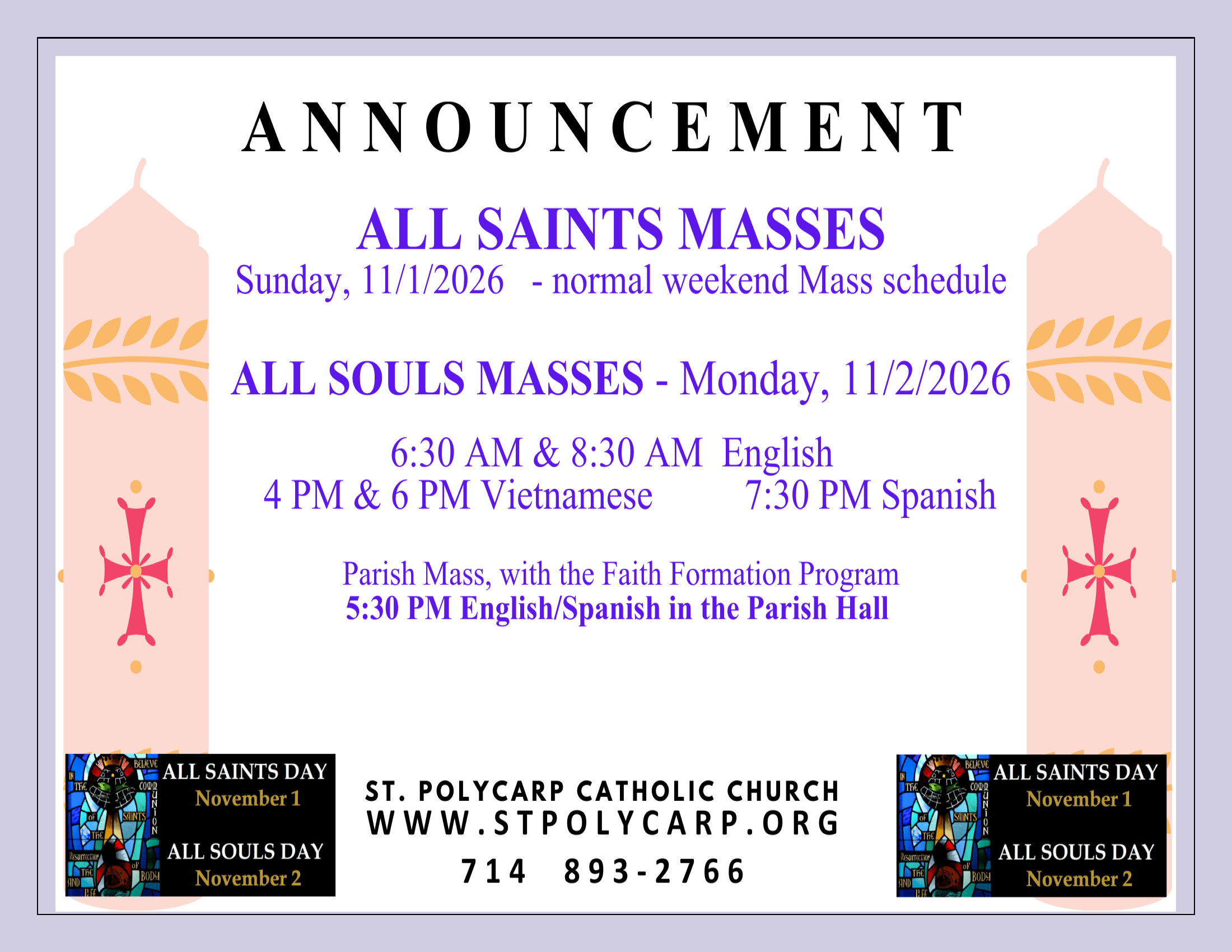 All Saints/All Souls Masses Schedule