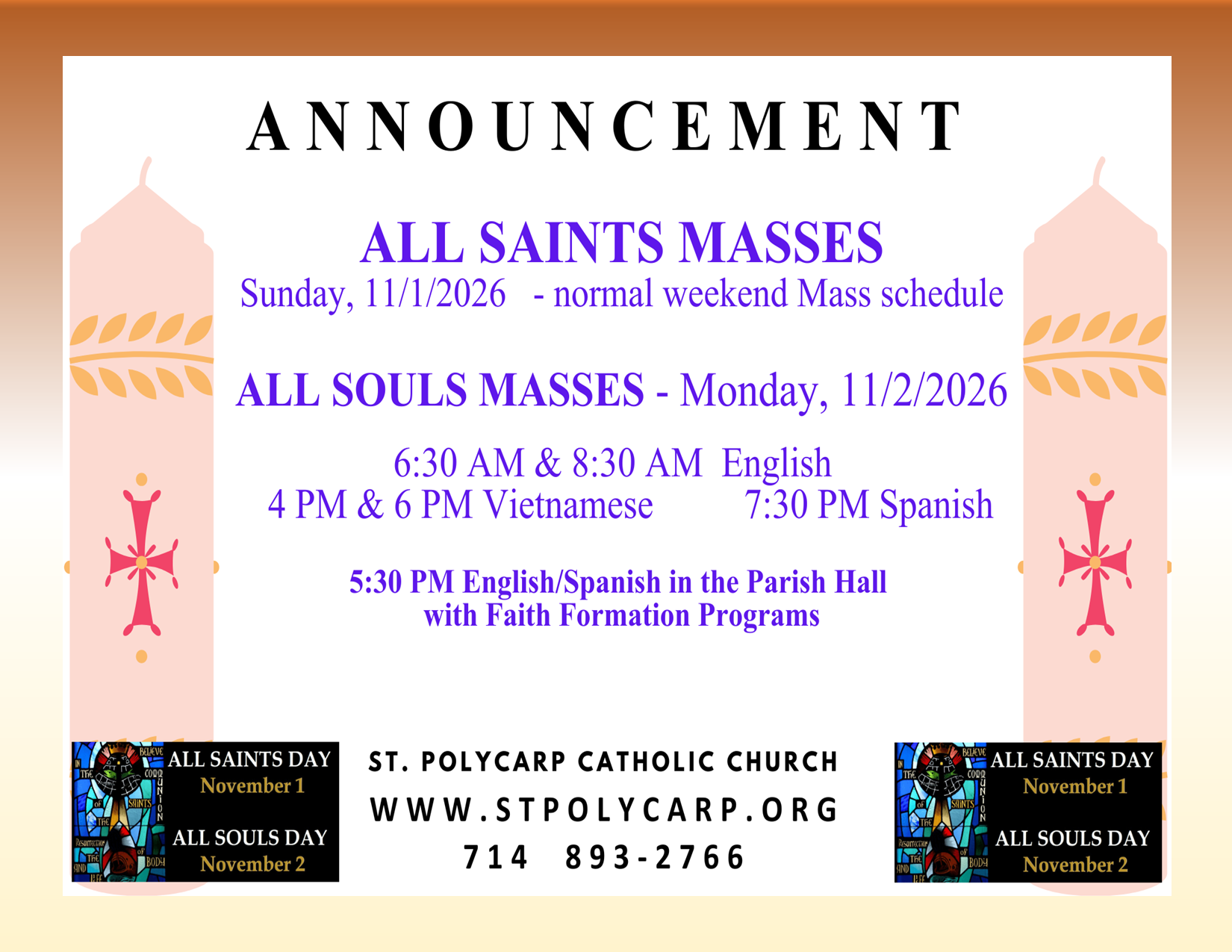 All Saints/All Souls Masses Schedule